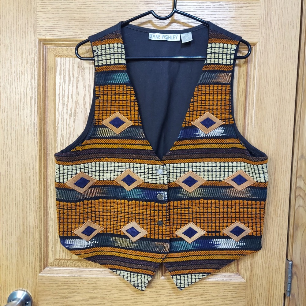 Vintage Jane Ashley Southwestern Woven Cotton Vest Multi-Color Diamond Large